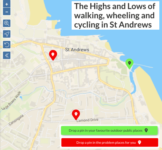 Map of St Andrews with text overlay reading The Highs and Lows of walking, wheeling and cycling in St Andrews