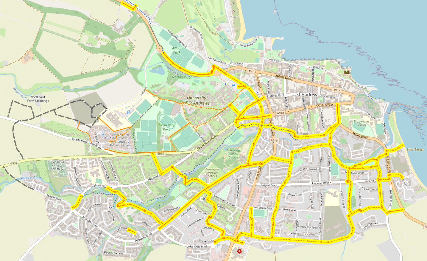 Map of St Andrews with six routes highlighted in yellow.